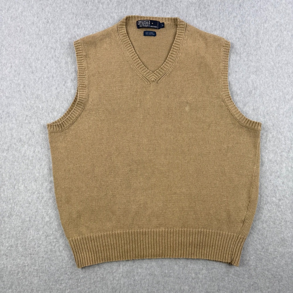 Vintage Polo Ralph Lauren Sweater Vest Mens Large Tan‎ Linen Blend V Neck Knit